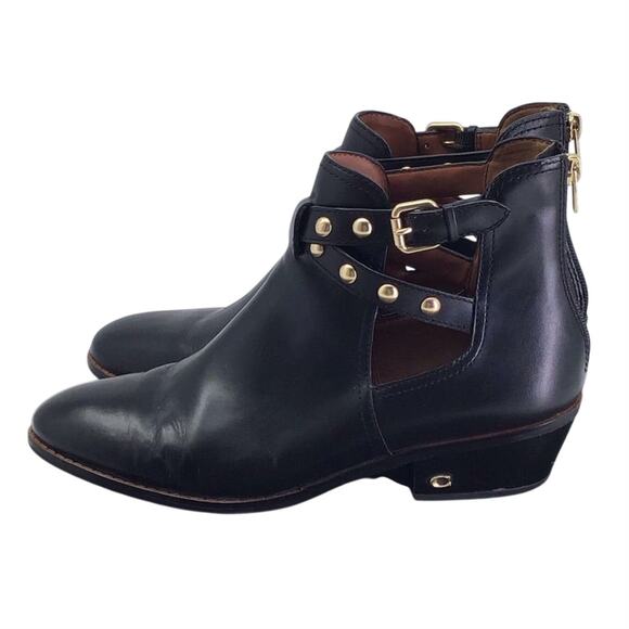 Coach Danika Boots Womens Sz 8.5 B Black Leather Ankle Booties Gold Hardware - Picture 1 of 11